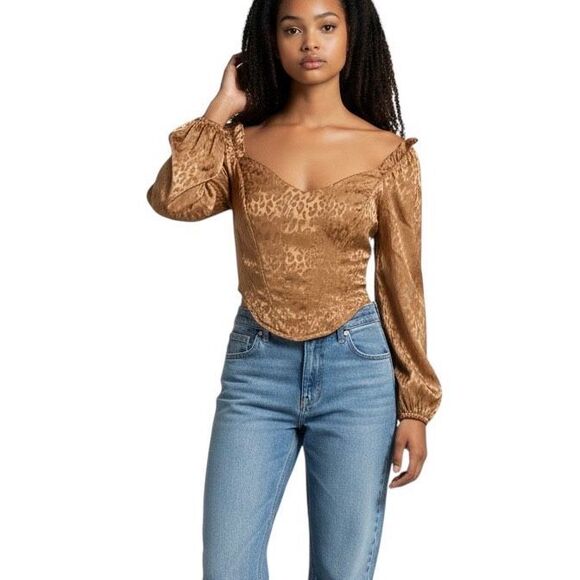 Milk & Honey Satin Corset Top Womens XL Long Sleeve Leopard Print Smocked Blouse - Picture 1 of 7